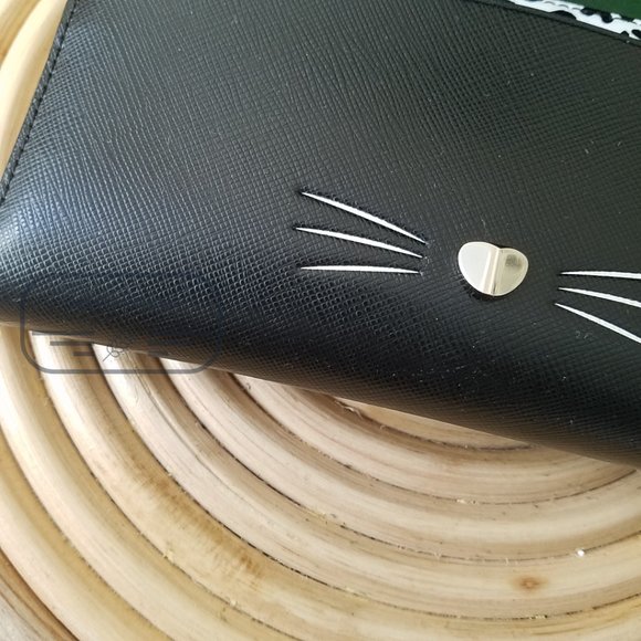 Kate Spade NWT Meow Cat Large Continental Wallet in Black Leather White Leopard - Picture 8 of 12